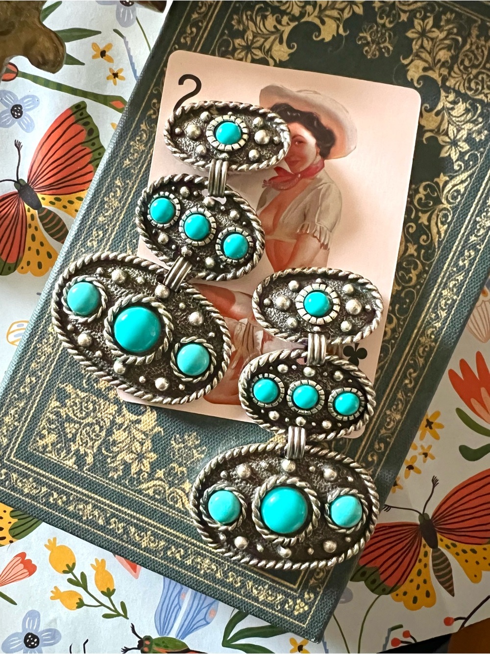Vintage Southwestern Rodeo Queen Oversized Cabochon Faux Turquoise Earrings